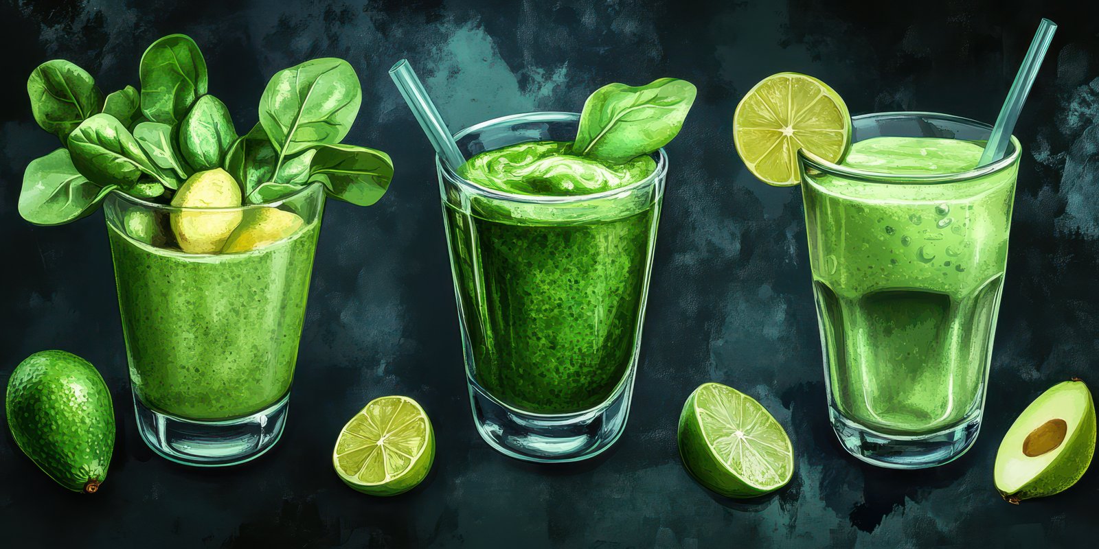 Refreshing green smoothies with spinach and avocado showcasing vibrant ingredients in a stylish layout